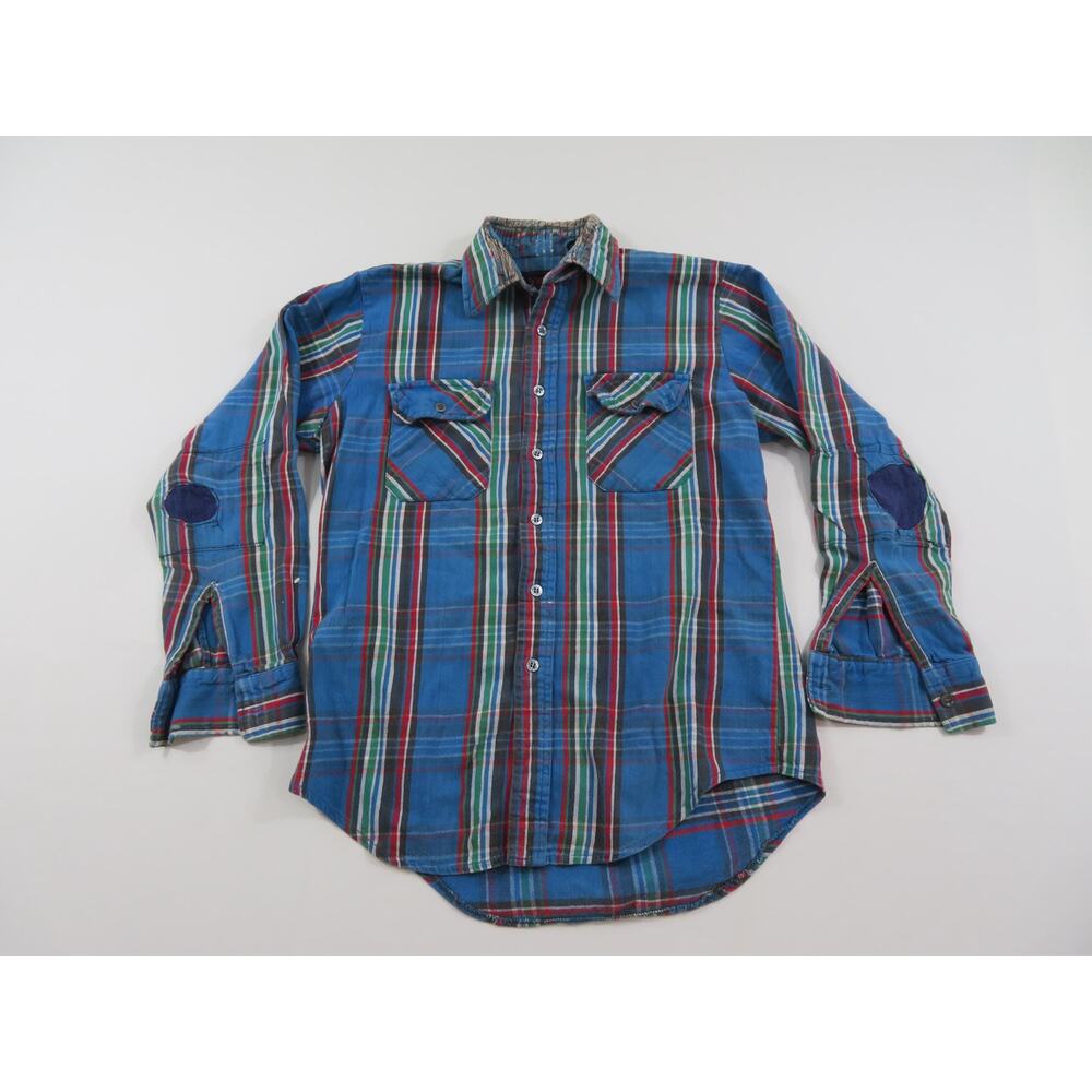 Distressed Cotton Flannel Shirt, Woodland Blue Green White Sz M 1990s